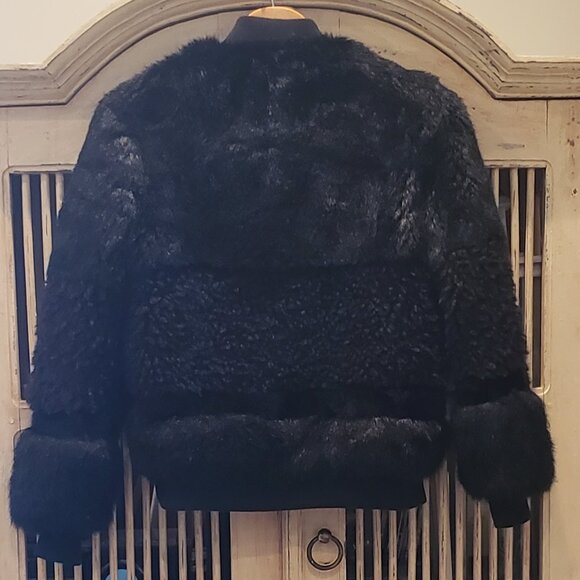 John + Jenn Black Faux Fur Bomber Jacket Mixed Texture Small - Picture 7 of 11
